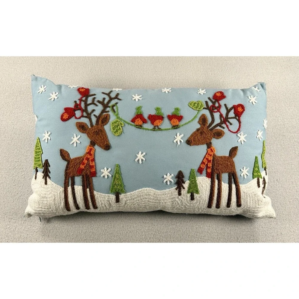 VTG Pier 1 Christmas Reindeer Lumbar Throw Pillow Embroidered Blue